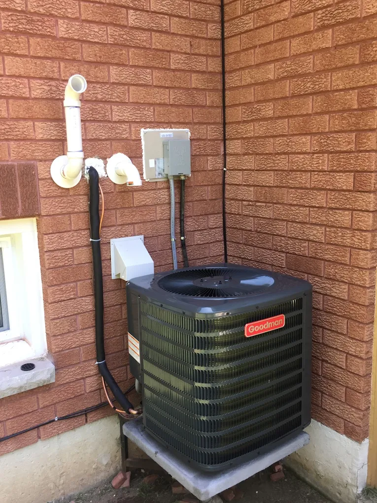 Goodman air conditioning unit installed on exterior wall